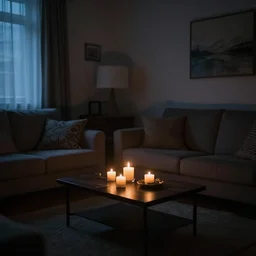 dark dreamy living room, candlelight, soft focus