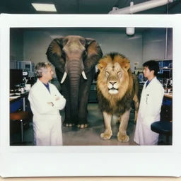 Scientists creating an elephant and lion hybrid, half lion half elephant, photo taken hidden in the laboratory, , color photo, polaroid