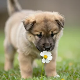 a keeshond puppy sniffing a flower, sigma 8 5 mm f / 1. 4