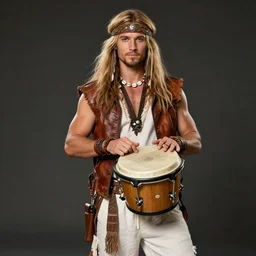 a hippy male ranger, dnd, wearing a leather vest and white linen pants, wearing a a shell necklace, long swept back blond hair, a bongo, nunchuku, digital art