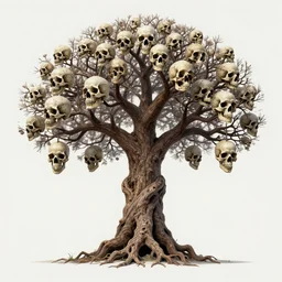 artwork called the tree of skulls. featuring a tree with a skull hanging from each branch. epic, cinematic, artwork, trending on artstation.