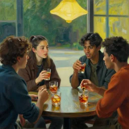 a group of gen z friends sitting around talking about climate change while drinking old fashions, in the style of an edward hopper painting