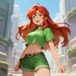 beautiful cute red haired joyful and playful nineteen year old maiden standing up in casual green clothing, modern city, green eye, long hair, athletic body, rpg character, sci - fi, fantasy, intricate, elegant, digital painting, artstation, concept art, smooth, 8 k frostbite 3 engine, ultra detailed, art by artgerm and greg rutkowski and magali villeneuve