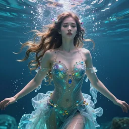 a beautiful female human god of water character, character is in all its glory under the water, character is centered on the image, rim lights, highly detailed professional photo, dynamic lights, particles and crystals are flying, very deep depth of field, trending on artstation, illustration, hyper realistic, super detailed, colorful accents