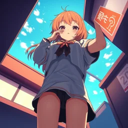 anime cell shaded, anime tanned tanned tanned tanned girl wearing school outfit looking down towards camera, winking at camera from the top, looking towards the camera, low angle, low angle, low viewpoint, low angle, bottom upwards view, standing on top of the camera looking down, wlop, ilya kuvshinov, artgerm - c 1 2
