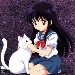 anime key visual of a moe character girl, is petting a white ragdoll cat. from sanrio gensokyo as a moe anime girl, 4 k, hd, pixiv, wallpaper, official media | sanrio glitchcore yokai girl, shadowverse character concept, found footage horror, glitter gif