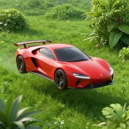 a photo of a futuristic flying red car floating surrounded by lush green philodendron xanadu vegetation and fog, inside a closed white room with white walls