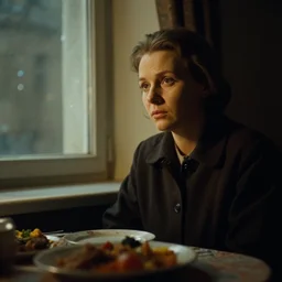 soviet movie still a soviet woman sitting at a table next to the window with food, dark warm light, a character portrait by margarita terekhova, movie stalker solaris film still by andrei tarkovsky, 8 k, 1 9 8 4, close - up bokeh, gelios lens, color, noir