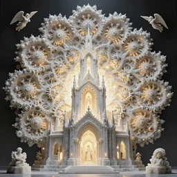 a beautiful 3 d painting of a sprawling intricate fractal cathedral populated by mandelbrot fractals by android jones, unreal engine, carved stone, carved soap, white color scheme, volumetric lighting, dynamic lighting, octane render, dramatic lighting, high contrast, glowing, carved marble, opalescent, sacred geometry, religious, angelic, catholicpunk, stark, trending on artstation