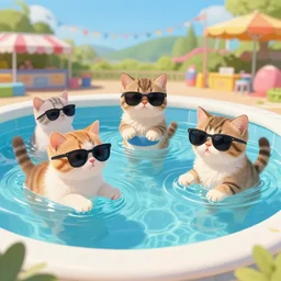 realistic drawing of kittens wearing sunglasses playing in the swimming pool at the county fair.