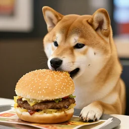 A shiba inu eating a big mac at mcdonalds