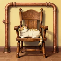 a cat character laying, wood carved chair, library, super powers, concept art, by greg rutkowski, old copper pipes, complementing colors