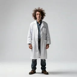 jovial mad scientist with wild hair, cinematic studio photo, full body, standing, isolated on a pure white background, centered, whole figure in frame, sharp focus, studio lighting