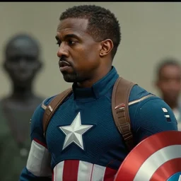 kanye west as captain america, cinematic, color grading, camcorder effect, ektachrome, fujifilm superia, side - view, closeup - view, rtx, glsl - shaders, post - production, cel shading, vfx, by wangechi mutu, by weta digital, by weta fx, by wlop