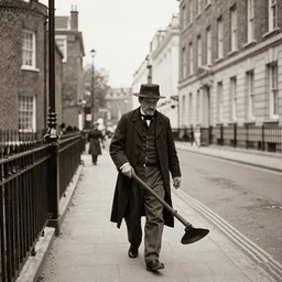 1850s Victorian chimney sweeper walking down the street in London, photo taken with an iPhone, HD