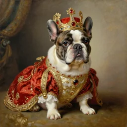 the royal king's royal french bulldog by greg hildebrant fancy rococo baroque regal puppy oil painting high quality award winning clothed in fancy garb