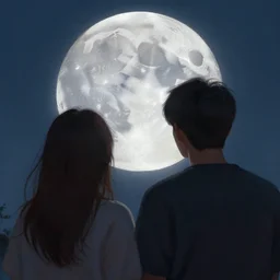 Two people looking at the moon, melancholic, digital painting, hyper realistic, detailed, lots of details