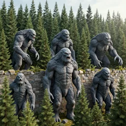 a beautiful hyperrealistic detailed 3 d render of colossal grey monsters guarding a wall of infinite pine trees, by anton otto fischer, atey ghailan, by goya, unreal engine, octane render, epic, 3 d, intricate, ultra wide, artstation, volumetric lighting, hdr, polished, micro details, ray tracing, 8 k