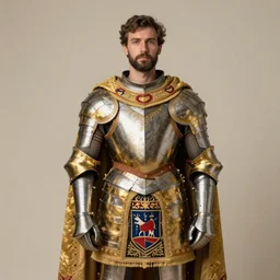 man in 15 century decorated with gold crusader armor and mantle with kingdom of jerusalem insignia in 19 century art style