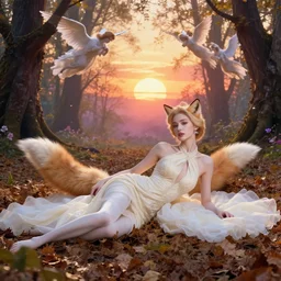 portrait, elgeant woman with fox tails, ivory pale skin, luxurious dress, halter neck, laying in spring leaves, in a magical forest, sunset!!, angels flying in the background, vibrant, hyperrealism, fantasy, crepuscular rays, by krenz cushart and charlie bowater, wlop, artgerm