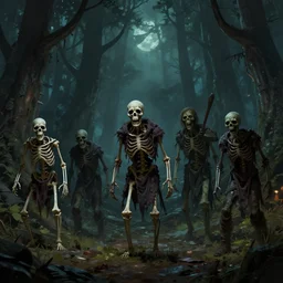 a group of dangerous skeletons and zombies in a forest at night, dnd, concept art, fantasy art, 4 k, artstation