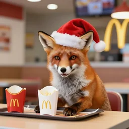 fox wearing a santa hat working at the fast food restaurant McDonald's
