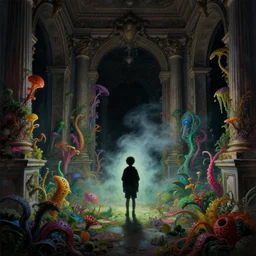 a silhouette of boy exploring a dark baroque neoclassicist halls overgrown with colorful alien swamplife. close - up view, detailed textures. glowing fog, dark black background. highly detailed fantasy science fiction painting by moebius, norman rockwell, frank frazetta, and syd mead. rich colors, high contrast