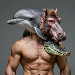 portrait of muscular animal human merged head dolphin skin, scales, merged with monkey head, hippo face morphed, gills, horse head animal merge, morphing dog head, merging crocodile head, anthropomorphic, creature, solid background