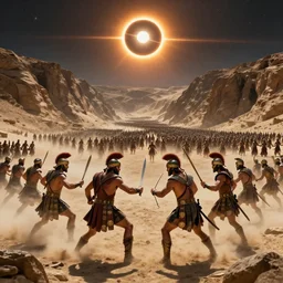the 5 0 0 undefeatable spartans clashing in a deep valley against the vast armies of the middle east while a solar eclispe is occuring