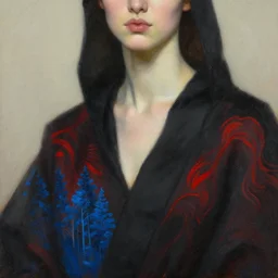 hyperrealism oil painting, close up portrait, fashion model cyborg in black robe, soft light, soft colors, red waves pattern mixed with blue forest in front, in style of classicism
