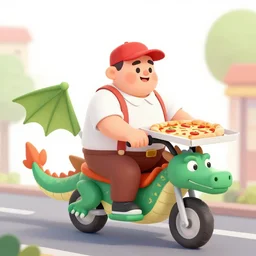 a rotund pizza man riding a dragon down the street