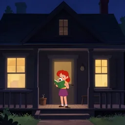 disney art style, full body, small red hair girl standing on a front porch, drinking coffee, reading a green book, nighttime, black house, light coming from windows