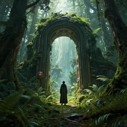 portal in a middle of a lush futuristic forest, alien world seen through a portal, person in a cloak standing in front of a portal, syd mead, john harris