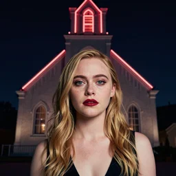 Elle Fanning in front of a neon church picture by Sachin Teng, asymmetrical, dark vibes, Realistic Painting , Organic painting, Matte Painting, geometric shapes, hard edges, graffiti, street art:2 by Sachin Teng:4