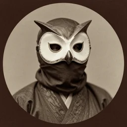 ninja wearing owl mask, circa 1 6 0 0 s, old photo, realistic photo, realistic, ultra realistic, old, grain, noise, scratch, japanese style, brownish, history, photo history, potrait, in a circle frame