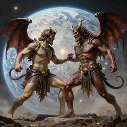 arteus fighting demons and a faded background of orbital earth bombardment on the side, hyper - realistic, double exposure effect, in the style of greek myths, amazing detail