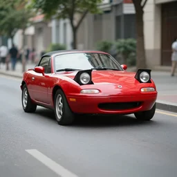 105mm photo of car full view mid distance photograph red Mazda Miata parked on street from 1945