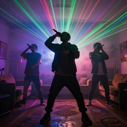 millennial hipsters rapping in living room, epic pose, silhouetted, distinct, laser light show, fog, psychedelic hip-hop, detailed, 4k