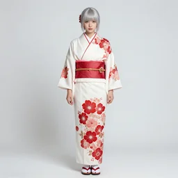 (beautiful) girl, silver hair, white kimono with complex red flower patterns, full body, looking to camera, showing her shoulder from back, ilustration by Takehiko Inoue and Krenz Cushart