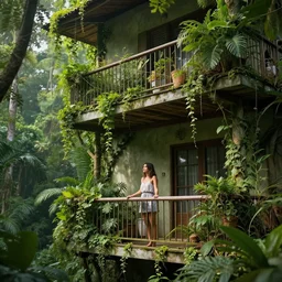 woman standing on a balcony beneath the balcony is a jungle home filled with vines, realistic, 8 k, extremely detailed, cgi, trending on artstation, hyper - realistic render, 4 k hd wallpaper, premium prints available, by greg rutkowski
