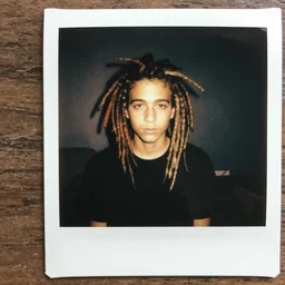a boy with colored dread hair in dark room flash, polaroid effect, oil painting
