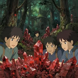a film still of an old forest full of miners mining red selenite, finely detailed features, closeup at the faces, perfect art, at an ancient city, gapmoe yandere grimdark, trending on pixiv fanbox, painted by greg rutkowski makoto shinkai takashi takeuchi studio ghibli, akihiko yoshida