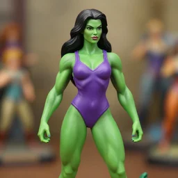 maquette sculpture of the gorgeous she hulk, she is wearing a purple one piece swimsuit, she is tall, very fit and extremely muscular, she has green skin all over her body, long black shiny hair, hyperreal, highly detailed, in the style of sideshow collectibles, soft focus, bokeh