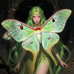 luna moth sorceress. this heavily stylized digital painting by the award - winning comic artist has interesting color contrasts, plenty of details and impeccable lighting.