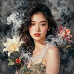 candid portrait of very beautiful young filipino woman, surrounded by dramatic swirling smoke and flowers, dark background, by conrad roset, watercolor trending on artstation