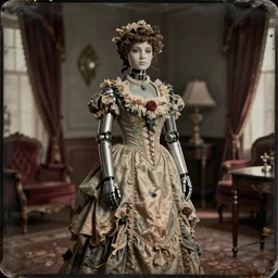 old daguerreotype female android in beautiful victorian dress decaying rich guest room