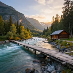DSLR still of a beautiful mountainside river with a pier and a log cabin at sunrise, 4k