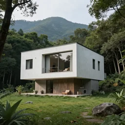 cute brutalist house on a secluded mountain with trees around