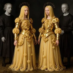 full body image of siamese twins made of spaghetti, 7 0 mm, wide angle, intricate armor made of fractals of spaghetti, by giuseppe arcimboldo and ambrosius benson, renaissance, a touch of beksinski, realistic