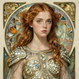 a full body art nouveau portrait of a 16-year old girl who resembles Chloe Grace Moretz and Saoirse Ronan with a worried, intense gaze, wearing sheer silks and ornate intricate iridescent mother-of-pearl jeweled armor, intricate, elegant, highly detailed, digital painting, artstation, concept art, smooth, sharp focus, illustration, art by John William Waterhouse and William Adolphe Bouguereau and Donato Giancola and Alphonse Mucha